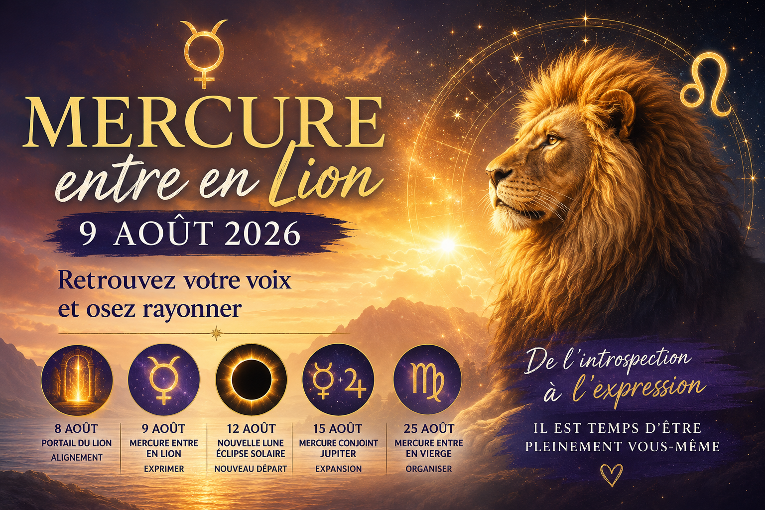Mercure entre en Lion le 9 août 2026 : retrouvez votre voix, affirmez votre lumière